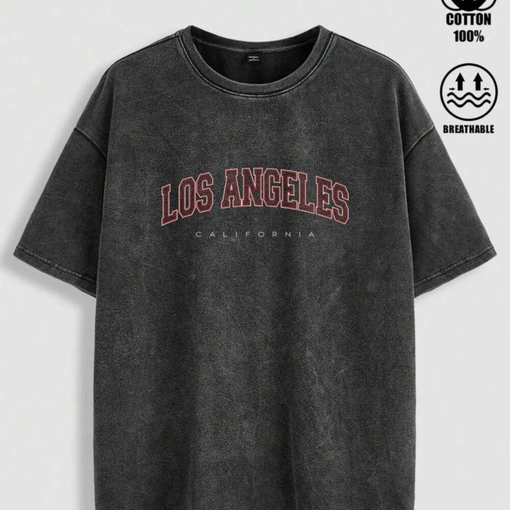 Men Vintage Oversized Black Marled Los Angeles Letter Graphic T-Shirt